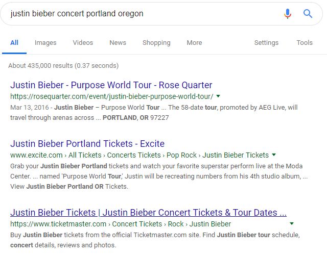 Bieber concert search results